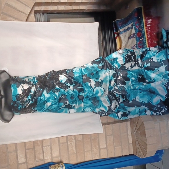 Jump Strapless Prom Homecoming Formal Blue Floral Beaded Long Maxi Dress - Picture 1 of 12